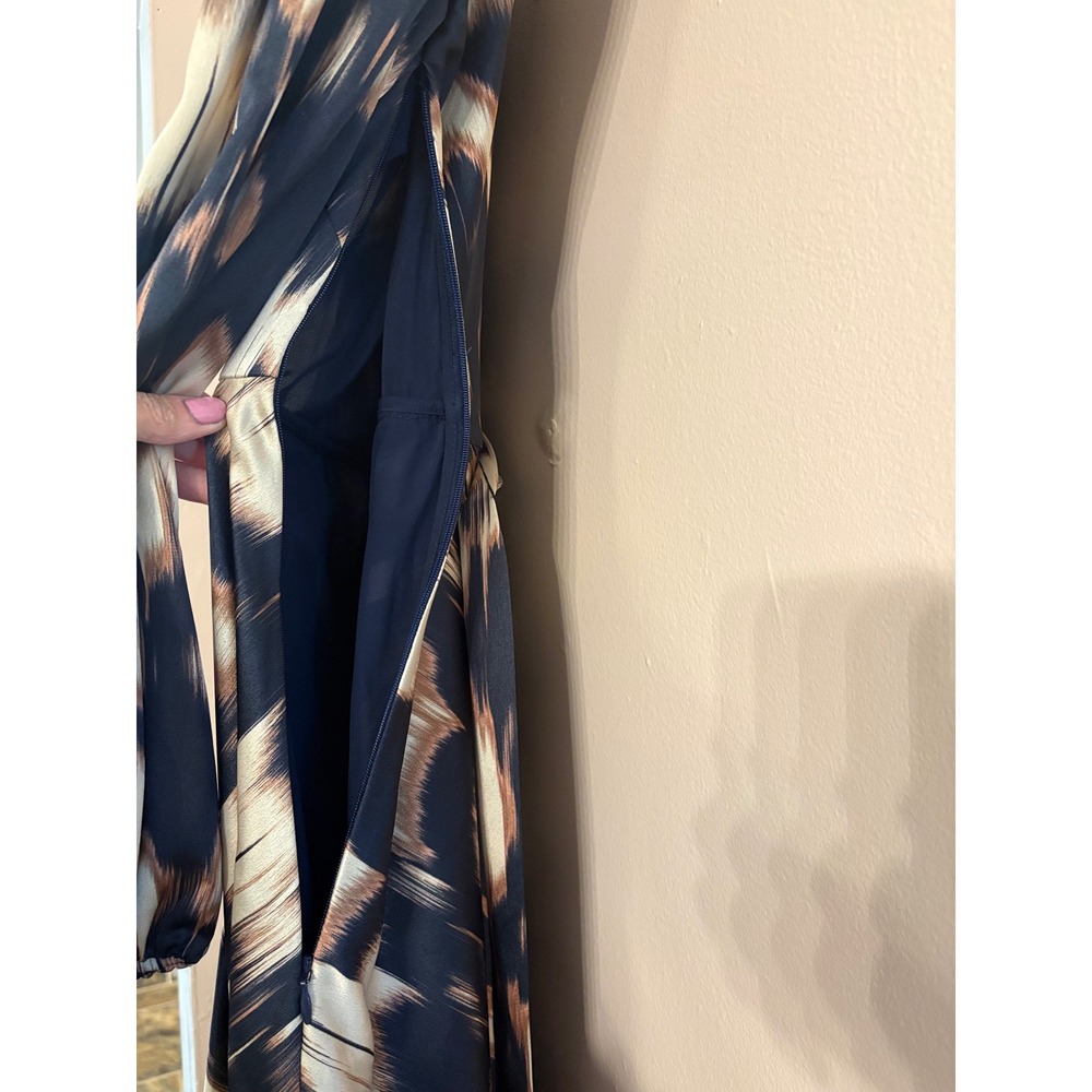 Tanya Taylor Abstract Print Wrap Midi Dress Long Puff Sleeve Ruffle Hem Size 6 - Picture 7 of 9